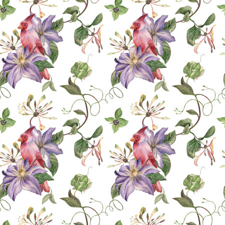Seamless pattern with red cardinal bird, purple clematis, roses, honeysuckle. The watercolor illustration is hand-drawn in a botanical style. For wallpaper design, textiles, fabrics, packaging, cardsの写真素材