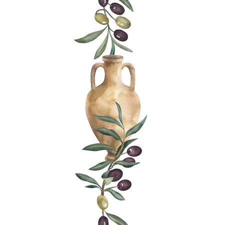 Seamless border with watercolor illustration of clay amphora with olive branches, green, black fruits, leaves. Hand drawn Mediterranean element, for labels, packaging, organic products, natural oilの写真素材