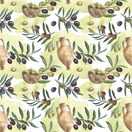 Seamless watercolor pattern with olive branches, clay amphora, wooden bowls, and green-yellow splashes. Mediterranean food illustration perfect for natural, rustic, organic, and kitchen textileの写真素材