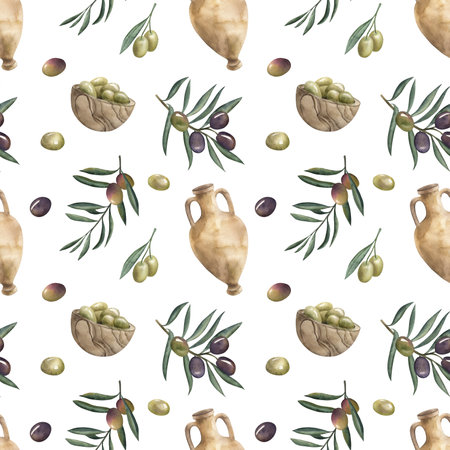 Seamless watercolor pattern with olive branches, amphoras, green and black olives, and wooden bowls. Hand-drawn Mediterranean illustration perfect for food, organic, or kitchen projects, textileの写真素材