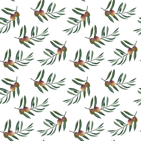 Seamless watercolor pattern of olive branches with green leaves and ripe fruit. Hand-drawn botanical texture perfect for organic, Mediterranean, healthy food, and natural design projects. For textileの写真素材