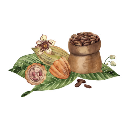 The burlap filled with cocoa with seeds, beans, cocoa flowers lie on green leaves. The watercolor illustration is manually drawn in a botanical style. For the design of packaging, logo, cafe, cardsの写真素材
