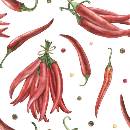 Seamless pattern with hot red chili peppers, seeds. Watercolor illustration with pepper pods is hand drawn in botanical style. For textile design, fabrics, cafe, menu, kitchen, culinary blogs, cardsの写真素材