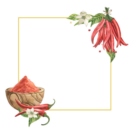 A square frame with red chili pepper pods, a wooden plate filled with spice powder, green leaves, flowers, pepper slices, seeds. The watercolor illustration is hand-drawn in watercolor. For culinaryの写真素材