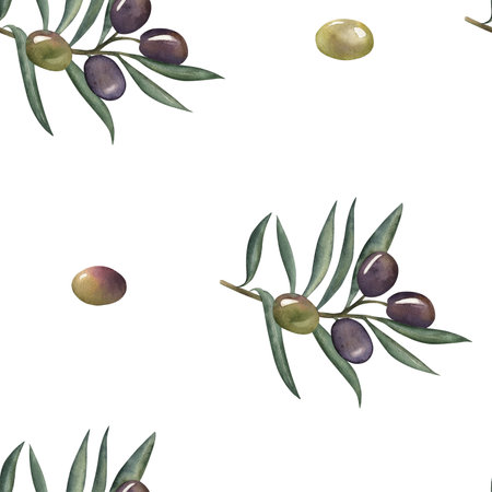 Seamless pattern with olive branches, purple and green olives. The watercolor illustration is hand-drawn in a botanical style. For packaging, textiles, fabrics, wallpaper, wrapping paper, postcardsの写真素材
