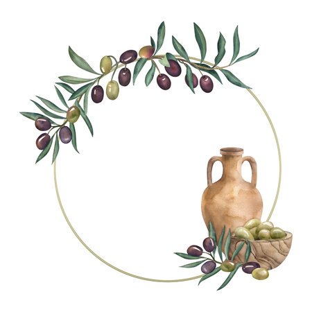 A round frame with olive branches, with a Greek clay oil amphora, a wooden bowl filled with green, purple olives. The watercolor illustration is hand-drawn in watercolor in a botanical styleの写真素材