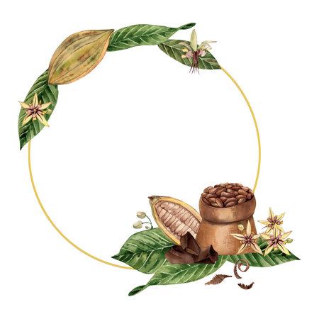 Circular border adorned with cocoa flowers, beans, leaves, and a sack filled with cacao seeds. Hand-drawn watercolor illustration in botanical style, perfect for packaging, cards, textile, printingの写真素材