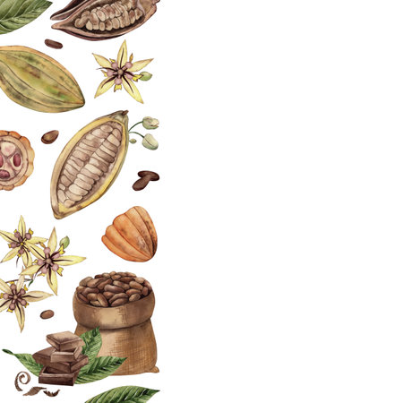 Square damask with cocoa beans, leaves, flowers, chocolate tree grains, with a bag full of seeds. Watercolor illustration painted with watercolors in a botanical style. For packaging, cards, printingの写真素材