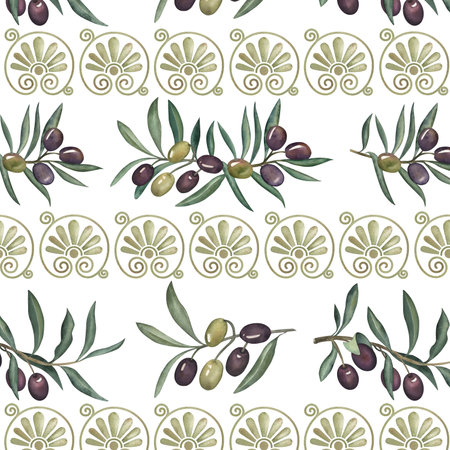 Seamless pattern with olive branches, green, purple fruits, and Greek ornaments. The watercolor illustration is hand-drawn in a botanical style. For fabric, wallpaper, textiles, packaging, gift paperの写真素材