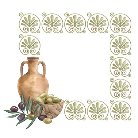 A square frame made of Greek ornaments, decorated with an amphora with oil, a wooden plate filled with green olives, an olive branch. The watercolor illustration is hand-drawn. For packaging, cookingの写真素材