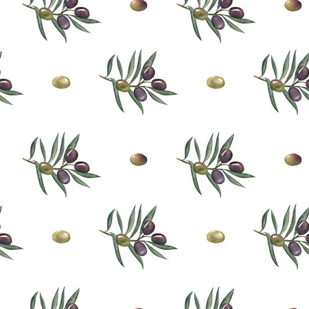 Seamless pattern with olive branches, purple and green olives. The watercolor illustration is hand-drawn in a botanical style. For packaging, textiles, fabrics, wallpaper, wrapping paper, postcardsの写真素材