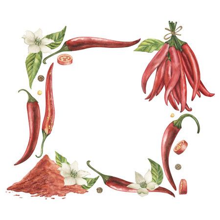A square frame with fruits, leaves, flowers, seeds of red hot chili pepper, with a mound of ground pepper. The watercolor illustration is drawn in watercolor in a botanical style. For packagingの写真素材