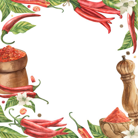 A square frame decorated with pods, leaves, flowers of red chili pepper, spices. The watercolor illustration with hot peppers, wooden dishes, a bag full of ground pepper was hand-drawn. For packagingの写真素材