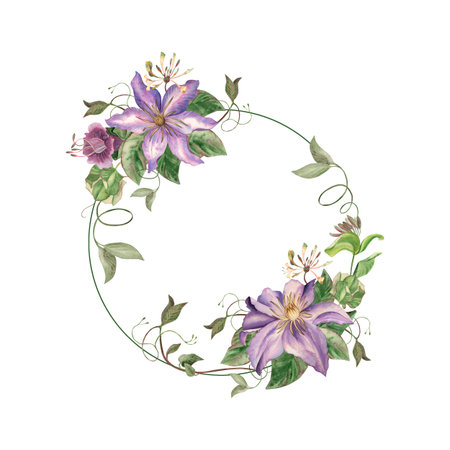 A round frame with summer garden weaving flowers in purple, lilac shades. Clematis, cobea, ivy, liana, leaves are hand-drawn in watercolor in a botanical style. For card, invitation, wedding, holidayの写真素材