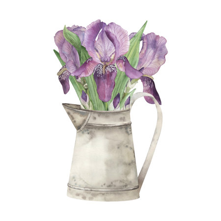 Watercolor illustration of purple iris flowers in a vintage rustic metal pitcher. Perfect for farmhouse decor, spring floral design, country kitchen art, botanical print, or greeting card designの写真素材