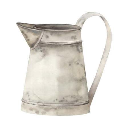 Watercolor illustration of a vintage metal pitcher with rustic patina. Antique farmhouse jug with handle and spout, ideal for country kitchen decor, retro design, or rustic-themed artwork and printsの写真素材