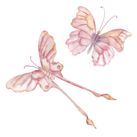 Watercolor illustration of two elegant butterflies in soft pink, peach, and purple hues. Delicate wings and graceful forms, perfect for spring, nature, feminine decor, wedding, or floral designsの写真素材