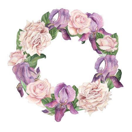 Watercolor floral wreath with soft pink roses and purple irises, accented by lush green leaves. Elegant botanical circle perfect for wedding design, invitations, spring decor, and romantic artworkの写真素材