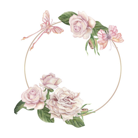 Round frame decorated with delicate pink roses and butterflies. The watercolor illustration is hand-drawn in a botanical style in a pastel color scheme. For wedding design, packaging, postcardsの写真素材