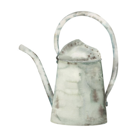 Vintage metal teapot with a patina in rustic style. Vintage watering can with a handle and a long spout, perfect for decorating a country-style kitchen, retro design, or rustic artwork and printsの写真素材
