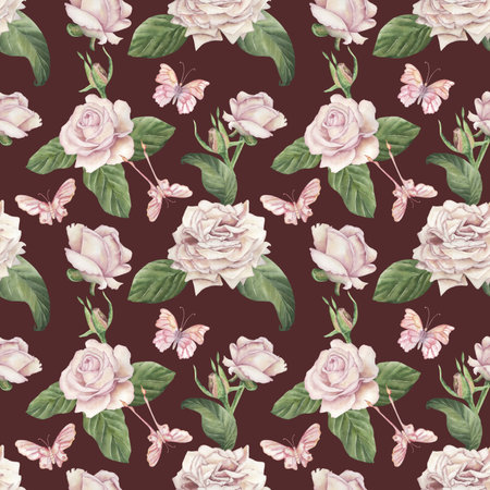 Seamless pattern with roses, pink-peach color, green leaves, buds, butterflies. Watercolor illustration is hand-drawn with watercolors in botanical style, pastel shades. For wallpaper design, textilesの写真素材