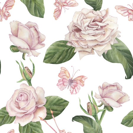 Seamless pattern with roses, pink-peach color, green leaves, buds, butterflies. Watercolor illustration is hand-drawn with watercolors in botanical style, pastel shades. For wallpaper design, textilesの写真素材