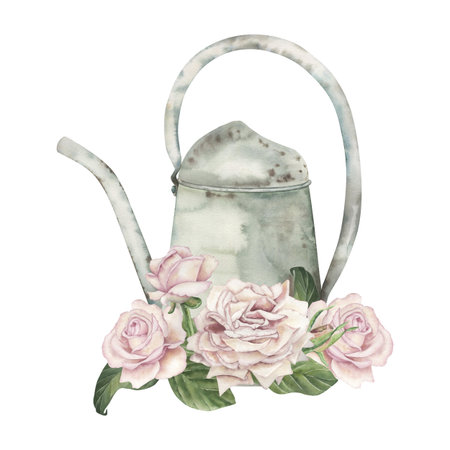Garden watering can, metal, with a patina, decorated with delicate pink roses. The watercolor illustration is hand-drawn in a botanical, vintage style. For postcard, wedding, scrapbooking, packagingの写真素材