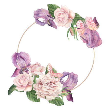 A round frame decorated with purple irises, delicate pink roses, and butterflies. The watercolor illustration is painted in watercolor in a botanical style in pastel shades. For postcard, weddingの写真素材