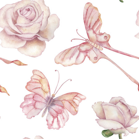 Seamless pattern with delicate pink and peach roses and butterflies. The watercolor illustration is hand-drawn in a botanical style. For packaging design, wallpaper, textiles, fabric, gift paperの写真素材