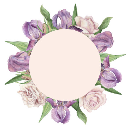 Round beige frame with purple irises, pink roses, green leaves. The flower illustration is hand-painted in watercolor in a botanical style. For wedding design, packaging, postcards, stationeryの写真素材