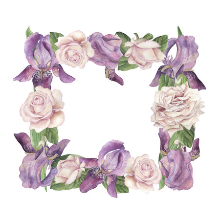 A square frame of flowers. Irises, roses, buds, green leaves are hand-painted in watercolor in a botanical style. Suitable for postcard design, wedding invitations, floristry, flower shop, packagingの写真素材