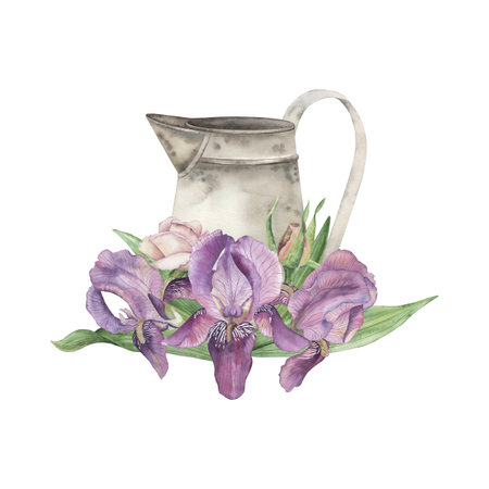 Vintage metal jug decorated with purple iris flowers and green leaves. The composition is hand-painted in watercolor on a white background in a botanical style. For country house design, textilesの写真素材