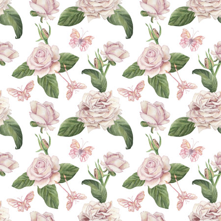 Seamless pattern with roses, pink-peach color, green leaves, buds, butterflies. Watercolor illustration is hand-drawn with watercolors in botanical style, pastel shades. For wallpaper design, textilesの写真素材