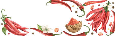 A banner with red hot chili pepper, ground paprika in a wooden plate, spices, pieces of pepper, green leaves, flowers. The watercolor illustration is hand-drawn in a botanical style. For culinaryの写真素材
