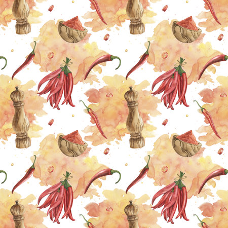 Watercolor seamless pattern with red chili peppers, pepper grinder, and ground spice on abstract orange splashes. Hand-painted spicy food ingredients for kitchen, menu, or packaging design, textileの写真素材