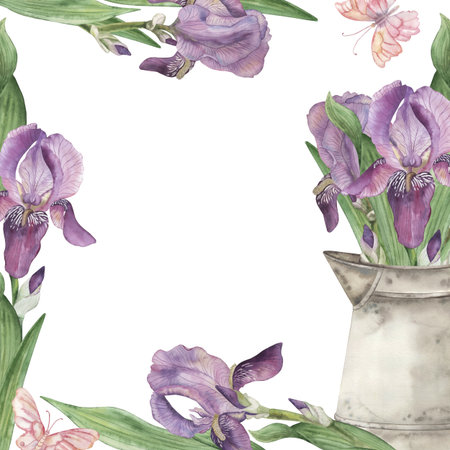 A square frame with purple irises, a jug with a bouquet of flowers, green leaves, butterflies. The watercolor illustration is hand-drawn in a botanical style. For postcards invitations.の写真素材