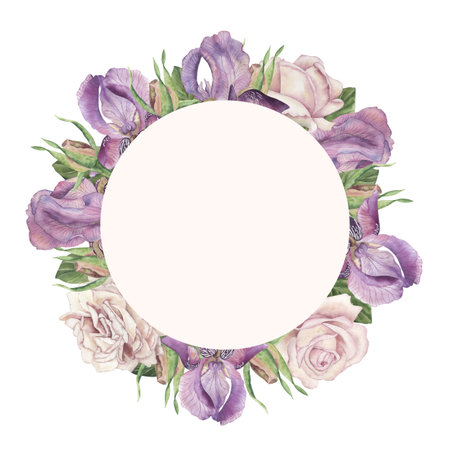A round frame of purple irises, delicate pink roses, buds, and green leaves. The watercolor illustration with a flower wreath is hand-painted in a botanical style. For wedding design, postcardsの写真素材