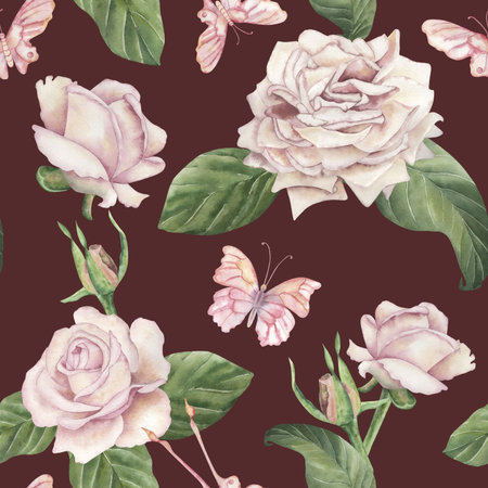 Watercolor seamless watercolor pattern featuring pink roses, green leaves, butterflies on a rich vinous background. Illustration hand-drawn. For wallpaper, wrapping paper, stationery, digital designの写真素材