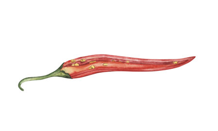 A colorful watercolor drawing of a pepper pod cut lengthwise in a botanical style. Hand-made with detailed drawing will fit into a project related to the food industry, restaurant, cosmetics industryの写真素材