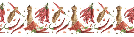 Seamless border with red hot chili pepper, ground paprika, green leaves, white flowers, wooden spice mill. Watercolor illustration is hand drawn in botanical style. For packaging, cafe, textileの写真素材
