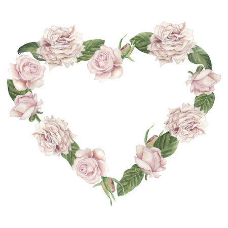 A heart form from pink, beige roses and green petals. Watercolor illustration with flowers is manually painted in delicate, pastel peach shades. For the design of postcards, wedding invitationsの写真素材