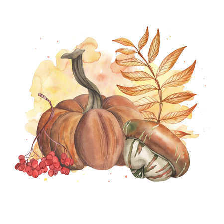 Autumn composition with pumpkin, rowan berry, branch with orange leaves on yellow-red background. Watercolor illustration is hand-drawn in botanical style in bright juicy colors. For the holidayの写真素材