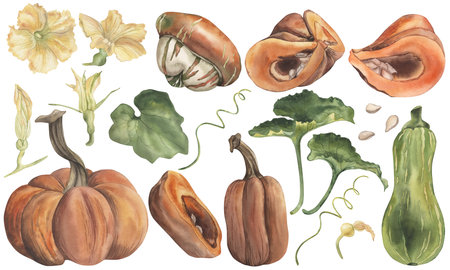 Set with pumpkins, orange, green, yellow flowers, green leaves, tendrils, stems, seeds. The watercolor illustrations are hand-painted in a botanical style, in bright autumn huesの写真素材