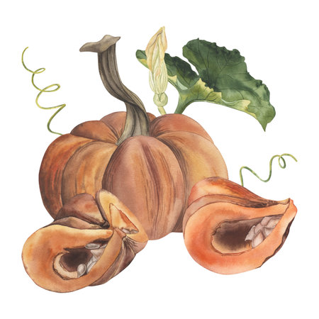 Composition with orange pumpkins, green mist, flower. Whole and cut pieces of autumn vegetables are hand-painted with watercolors in a botanical style. For design of postcards, decoration Thanksgivingの写真素材