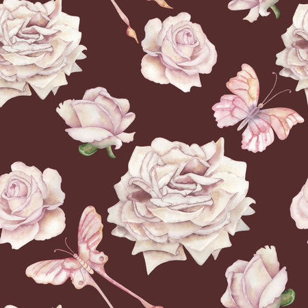 A seamless pattern with gently pink roses, butterflies on a dark bard back. The watercolor illustration with flowers and insects is manually painted in pastel, light shades, in a botanical styleの写真素材