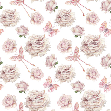 Seamless pattern with gently pink roses, butterflies. The watercolor illustration with flowers and insects is manually painted in pastel, light shades, in a botanical style. For postcards, weddingの写真素材