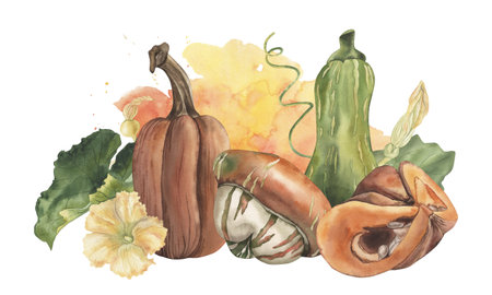 A set of orange pumpkins, zucchini, piece of vegetables, green leaves of yellow flowers on the background of a watercolor spot. The autumn illustration is hand-drawn in watercolor in a botanical styleの写真素材