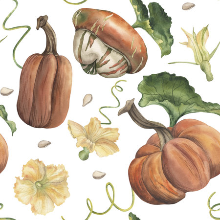 Seamless pattern with orange pumpkins, yellow flowers, green leaves. The watercolor illustration is hand-drawn in a botanical style. For packaging design, textiles, gift paper, and autumn printingの写真素材