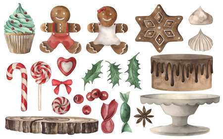 A set of Christmas sweets, gingerbread, lollipop, cake, candies, cupcake, berries, meringue. The watercolor illustrations are hand-drawn. For festive design, decoration of New Years printingの写真素材