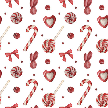 Christmas seamless pattern, with candies, lollipops, bows, spiral. The watercolor illustration with festive sweets in red and white is hand-painted. For the design of Christmas packaging, textilesの写真素材